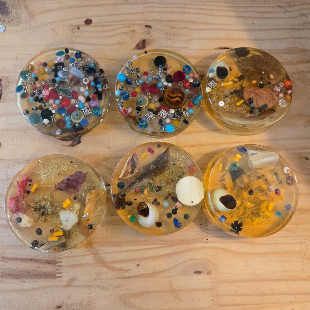 VTG Handmade Resin 6 Coaster Set Eclectic Boho DIY Amber Beads Found Objects USA